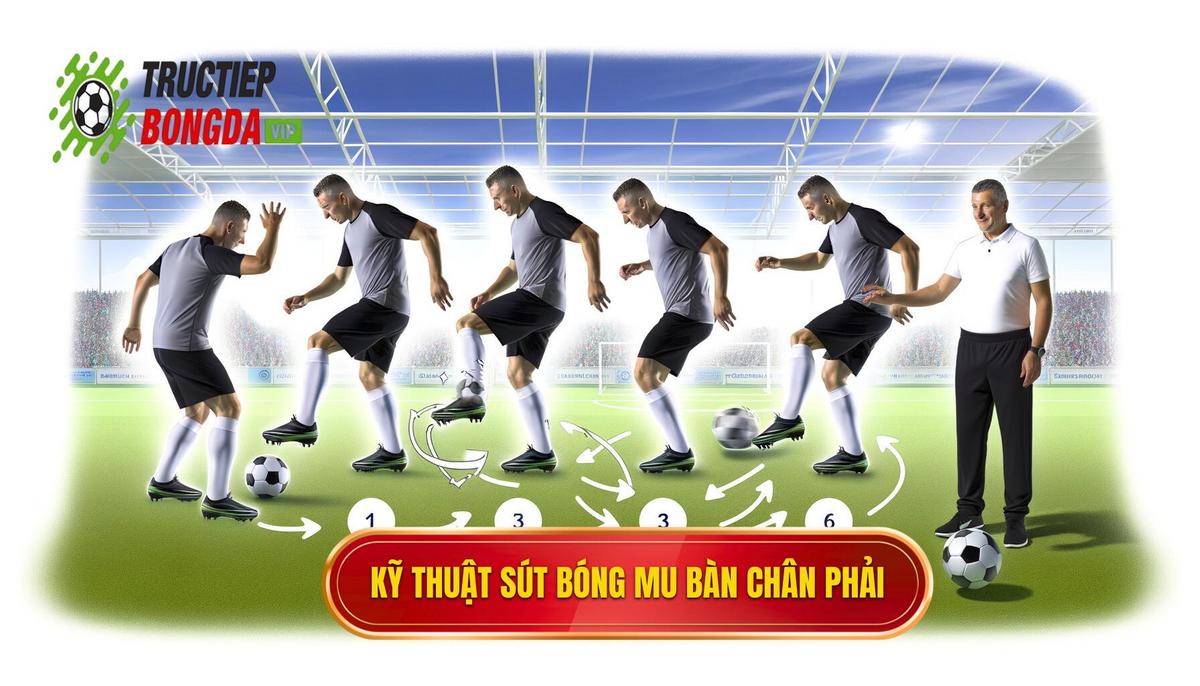 Các bước thực hiện kỹ thuật sút bóng bằng mu bàn chân phải